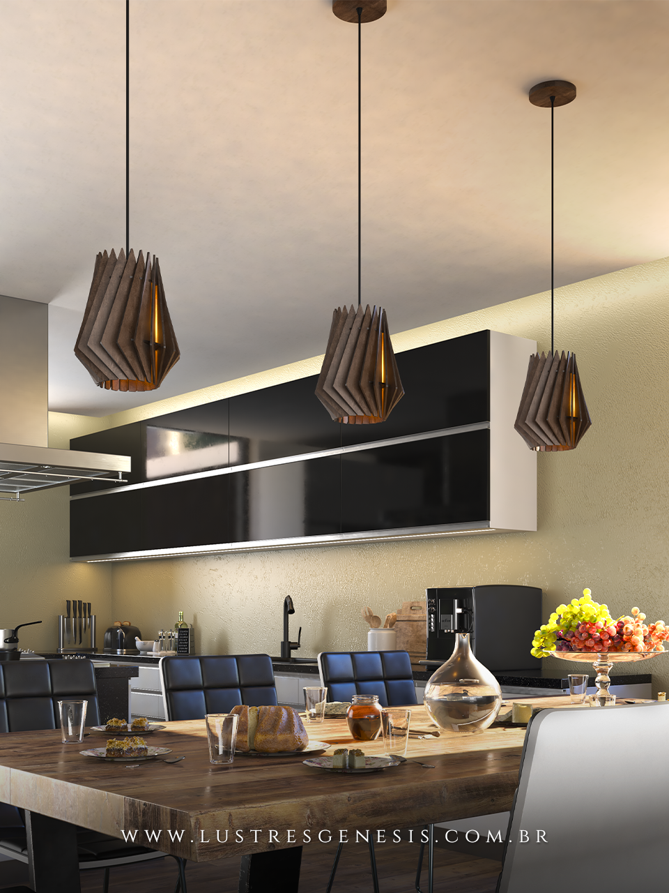 Lumin&aacute;ria pendente Cata Vento de madeira com design moderno, ideal para mesa de jantar, quartos, salas e escrit&oacute;rios.